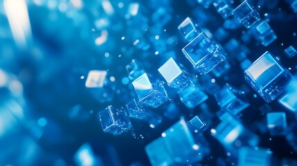 Abstract background with blue glowing cubes on a dark blue background, a digital technology and data concept