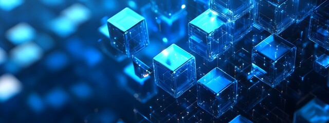 Abstract background with blue glowing cubes on a dark blue background, a digital technology and data concept