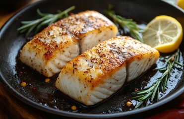 Sticker - Perfectly seared fish fillets garnished with herbs and lemon on a black plate