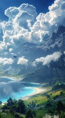 Wall Mural - Stunning Mountain Scenery with a Blue Beach