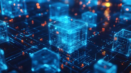 Abstract background with blue glowing cubes on a dark blue background, a digital technology and data concept