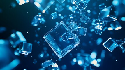 Abstract background with blue glowing cubes on a dark blue background, a digital technology and data concept