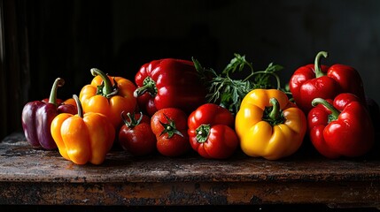 Canvas Print -   A group of colorful peppers rests on a wooden table alongside piles of red, yellow, and green ones