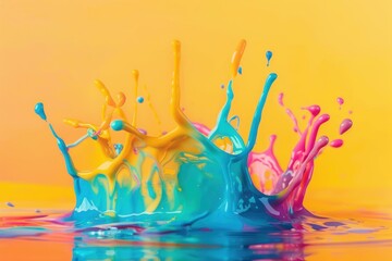 Colorful paint splashing and mixing together creating a crown shape on a yellow background