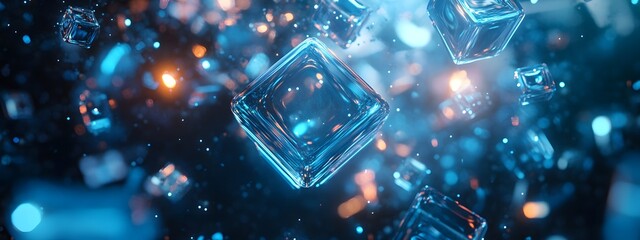 Abstract background with blue glowing cubes on a dark blue background, a digital technology and data concept