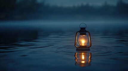 Wall Mural -   A luminous lantern drifting over a tranquil lake amidst a misty night, surrounded by towering trees