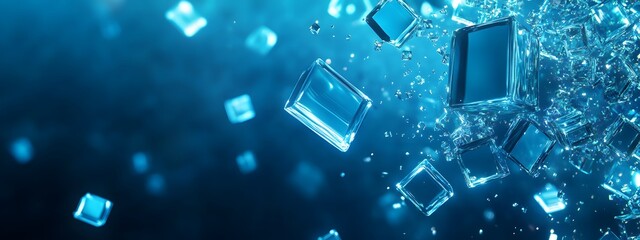 Abstract background with blue glowing cubes on a dark blue background, a digital technology and data concept