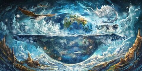 Wall Mural - intricate illustration of an earth-like planet floating in a cosmic ocean, surrounded by mythical cr