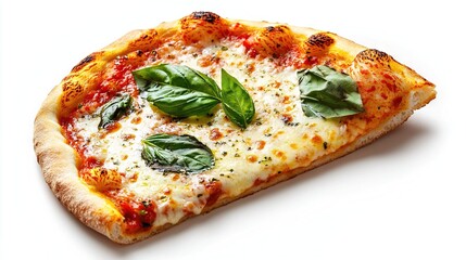 Wall Mural -  A pizza slice in focus on a white background, featuring basil and cheese Adorned with lush greens