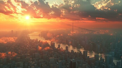 Wall Mural - Sunset over a Modern City Skyline