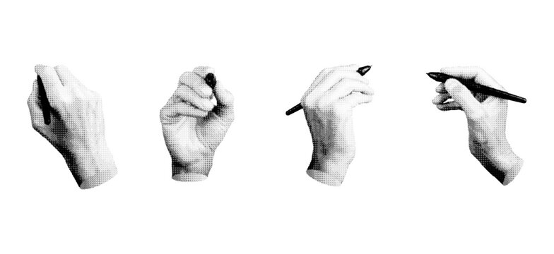 Hand holding pen, stylus for handwriting, drawing, set. Halftone style vector isolated on white background.