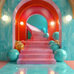 Canvas Print - Vibrant Archway Staircase with Colorful Balls