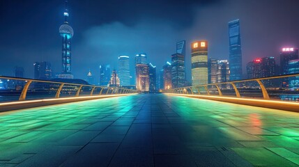 Empty square floor with modern city buildings scenery. Empty square floors and city skyline with modern buildings under blue sky.