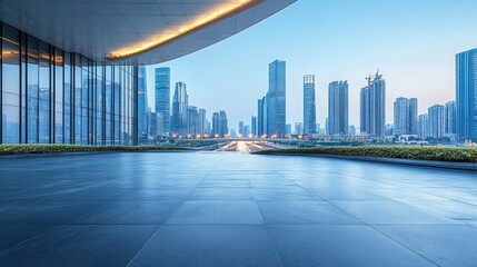 Empty square floor and bridge with skyline scenery at sunset. Empty square floor and bridge with modern city buildings.