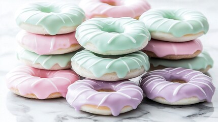 Poster -   A collection of colorful doughnuts stacked atop a marble counter with pastel pink, green, and white frosting