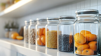 A row of glass jars containing various bean and orange types on a white countertop