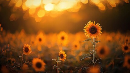 Poster -   A field of sunflowers bathed in sunlight, framed by tree-lined background and a soft blur in the foreground