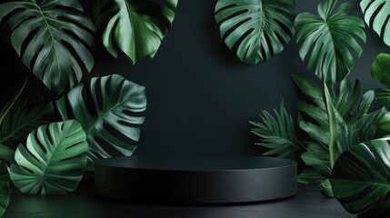 Wall Mural - Modern Geometric Product Display Podium with Leaf Platform on Dark Background