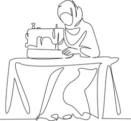 One continuous single drawing line art flat doodle person, sewing, dressmaker, occupation, skill, textile, working, clothing, female, tailor. Isolated image hand draw contour on a white background