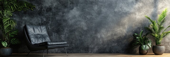 Sticker - Minimalist Loft Living Room Interior with Dark Gray Armchair and Concrete Wall