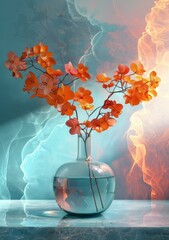 Sticker - Orange Flowers in a Glass Vase with Abstract Background