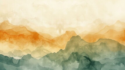 Sticker - Green and orange watercolor landscape painting of mountains