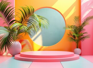 Sticker - Colorful Modern Display Podium with Tropical Plants