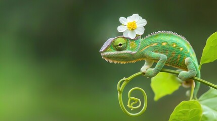 Poster -   A chameleon perches on a tree with a flower in its beak and an indistinct backdrop