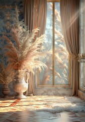 Poster - Elegant Interior with Sunlight and Pampas Grass