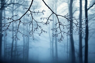 Forest fog adorned with glistening water drops