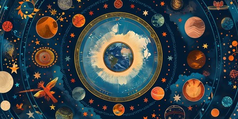 Wall Mural - Creative illustration of the geocentric model showcasing Earth at the center surrounded by planets, stars, and decorative cosmic elements