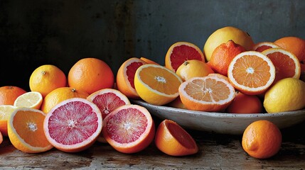 Wall Mural -   A bowl of blood oranges rests atop a table next to a heap of chopped blood oranges