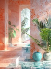 Poster - Pastel Coral Interior Design with Tropical Plants