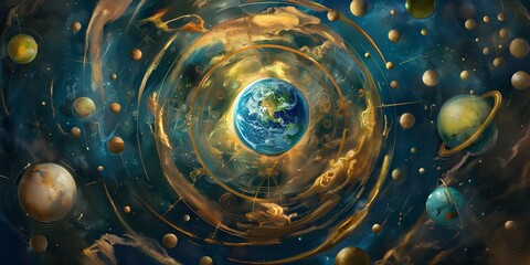 artistic illustration of the geocentric model, depicting earth at the center surrounded by various p