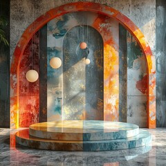 Poster - Abstract Colorful Round Display Stand Interior Scene