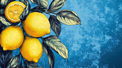 lemons on a branch, vibrant yellow with blue background