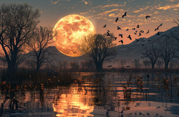 Wall Mural - A serene scene of a full moon rising behind mountains, with a tranquil lake and silhouetted tree at dusk.
