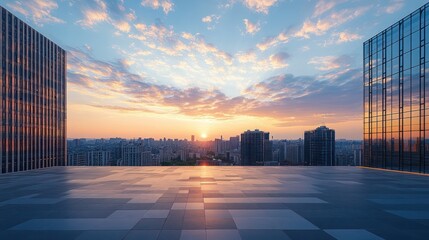 Empty square floor with modern city buildings scenery at sunset. Urban sunset with modern buildings and empty square floor.