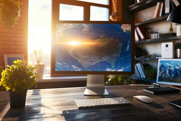 A flat Earth model shown on a computer screen in a stylish office setting, illuminated by warm sunlight, highlighting the contrast between science and perspective