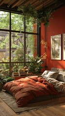 Canvas Print - Rustic Chic Bedroom with Lush Plants and Big Windows