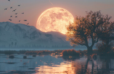Wall Mural - A serene scene of a full moon rising behind mountains, with a tranquil lake and silhouetted tree at dusk.
