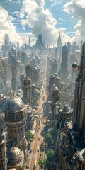 Poster - Aerial View of a Futuristic Steampunk Cityscape