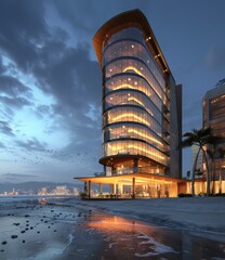 Poster - Modern Coastal Skyscraper at Dusk