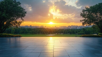 Empty square floor with modern city buildings scenery at sunset. Urban sunset with modern buildings and empty square floor.