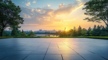 Empty square floor with modern city buildings scenery at sunset. Urban sunset with modern buildings and empty square floor.