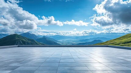 Empty square floor and mountain nature landscape under blue sky, A paving stone floor under a clear blue sky with fluffy clouds overhead.