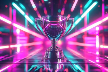 Future-oriented trophy with blue neon background.