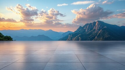 empty square floor extending into a breath taking view of green mountains under a stunning sky, Panoramic landscape of an empty plaza with green hills and mountains.