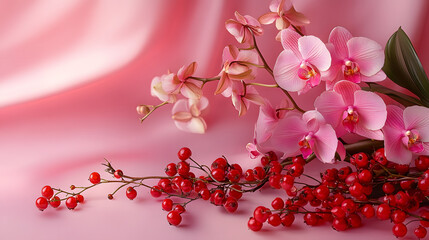 Poster - Pink background, pink orchids, and red berries