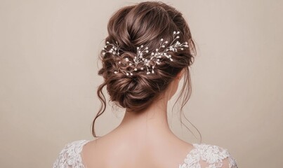 A woman with a beautiful hairstyle and a pearl hair accessory